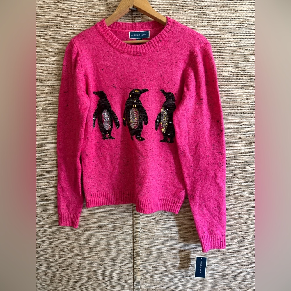 Karen Scott Knit Sweater Sequin Winter Penguin  Crew Neck Pink Holiday Small NWT